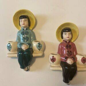 Set of Asian lady wall hangings with yellow hats